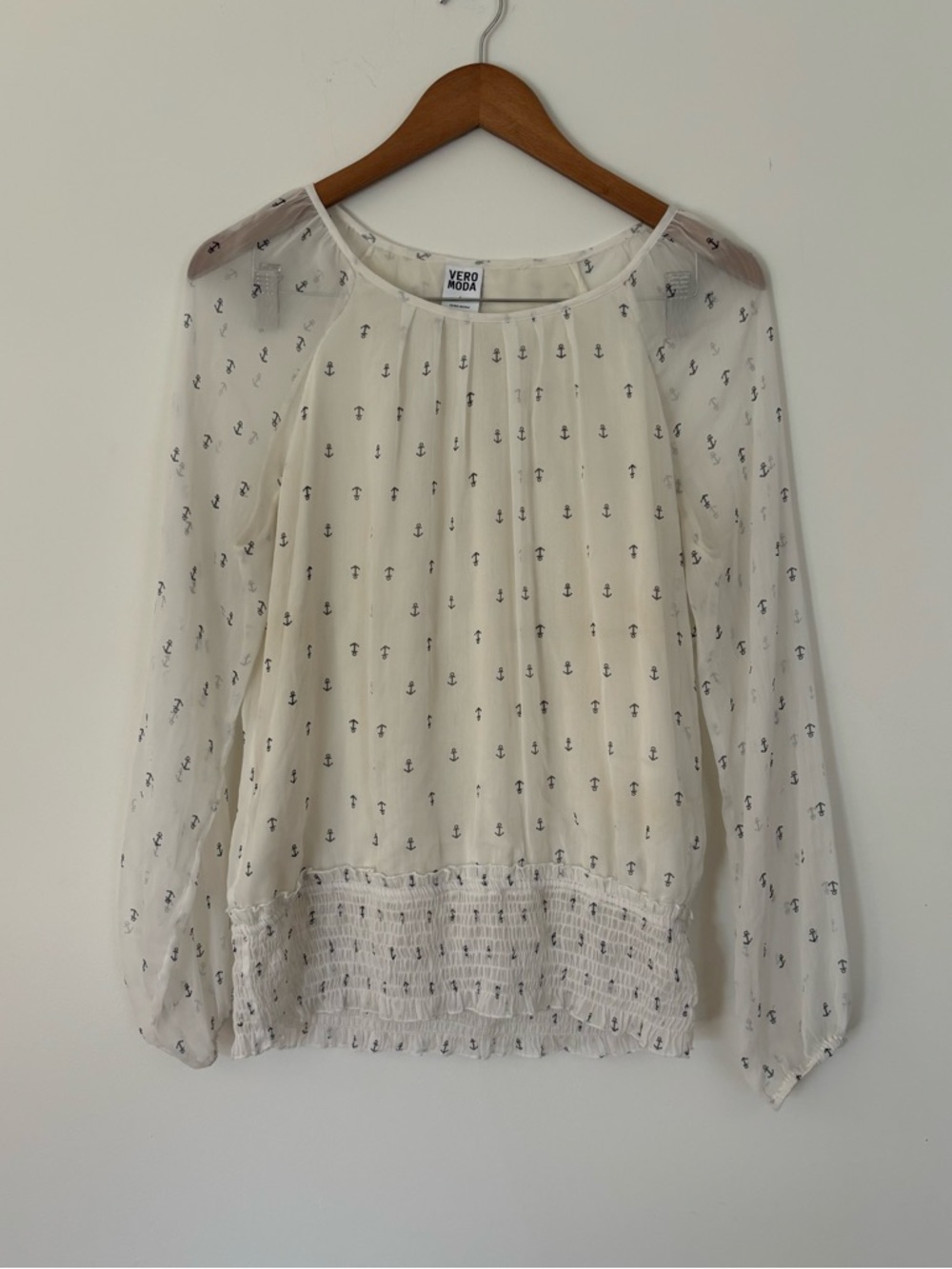 Vero Moda Anchor Print Sheer Blouse Size L | Smocked Waist Boho Nautical Top